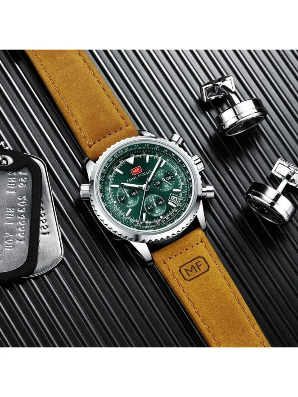 Men's Brown Green Chronograph Waterproof Sport Military Analog Quartz Wristwatch